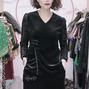 中年女装复古国风旗袍套装，2023秋季丝绒，长袖上衣半身裙两件套