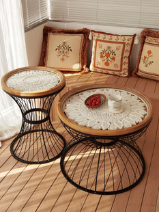 美式乡村客厅沙发边几铁艺角几实木雕花复古圆形桌子小茶几咖啡桌