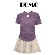 新中式紫色扎染正肩短袖T恤女夏季白色荷叶边半身裙蛋糕蓬蓬短裙
