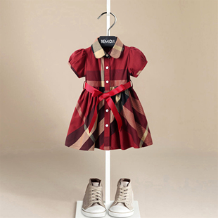 女童纯棉连衣裙夏装枣红色，英伦风公主裙格子裙，洋气宝宝衬衫裙童装