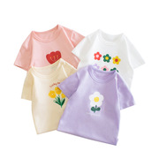 童装儿童短袖t恤女童，2024夏款宝宝衣服，可爱花朵印花纯棉圆领上衣