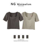 NG Minimalism2022常规显瘦修身露锁骨方领短袖T恤女薄款短款上衣