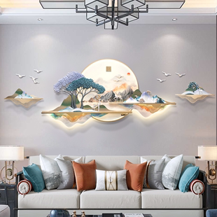 3d立体浮雕客厅装饰画山水灯光，大气墙面壁画沙发背景墙新中式挂画