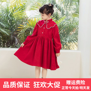 新国风(新国风)女童娃娃，领红色连衣裙2023春秋季中大童灯芯绒公主裙子