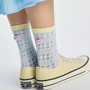 韩国女袜东大门夏季薄款镂空网眼透气爱心糖果色布标中筒袜