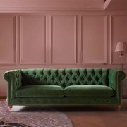 美式复古民宿拉扣墨绿色，三人沙发简欧田园，小户型客厅丝绒直排沙发