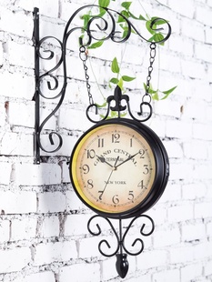 欧式铁艺双面挂钟创意，美式田园挂表现代简约客厅个表装饰复古时钟