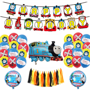 thomas托马斯小火车蓝气球男孩，生日派对布置布海报(布，海报)定制背景墙装饰