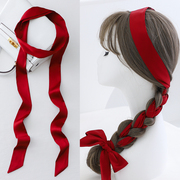 纯大红色中国红长条小丝巾女扎头编发带绑包缎带，脖饰领带丝带飘带