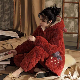 睡衣女秋冬季三层，夹棉袄加绒加厚韩版可爱珊瑚绒保暖家居服套装