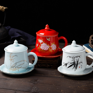中式古风马克杯带盖陶瓷杯子，景德镇办公室会议家用泡茶杯可定制