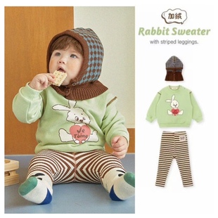 ！韩国童装ins风婴儿宝宝男女童绿色兔子加绒卫衣打底裤套装