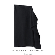 萨琪尼〓绒+〓特黑色侧边拉链荷叶摆斜纹坑条羊绒半身裙