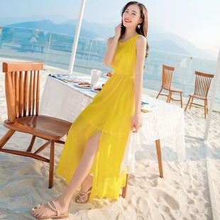 黄色连衣裙夏雪纺(夏雪纺)吊带，长裙高级感沙滩裙，海边度假三亚超仙裙子