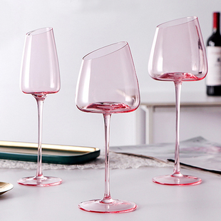 北欧斜口粉红色红酒杯水晶玻璃，高脚杯子高颜值葡萄，酒杯情侣香槟杯