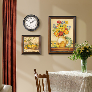 美式餐厅装饰画饭厅挂画复古花卉艺术壁画时钟法式墙画欧式油画