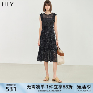 lily2024夏法式(夏法式)复古碎花，轻薄花边无袖，高腰显瘦连衣裙小黑裙