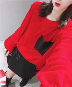 衬衫1216欧洲站，女装圆领复古红色，灯笼袖拼接pu小衫