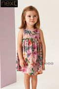 英国next女童，粉红色花朵印花纯棉，连衣裙无袖d14-247