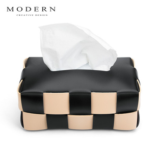 摩登modern黑白棋盘格纸巾盒，客厅高档轻奢餐桌，汽车用bv编织纸抽盒