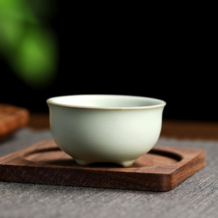 茶具豆黄汝窑开片茶杯主人杯家用手工陶瓷梅花杯单个中式品茗杯子