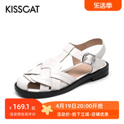 KISSCAT/接吻猫夏季牛皮圆头一字扣方跟时装罗马凉鞋女KA21333-50