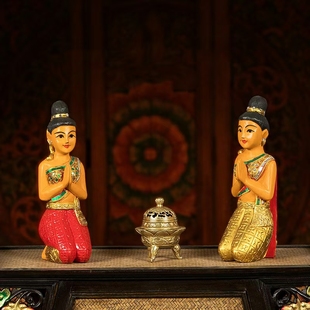 泰国迎宾佛像木雕跪佛玄关，摆件东南亚风情侍女，酒店会所摆件装饰