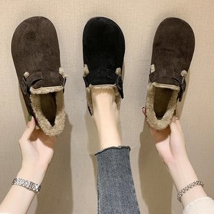 加绒豆豆鞋女2023年冬季加厚软底保暖妈妈棉鞋一脚蹬舒适单鞋