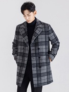冬季羊毛呢大衣，男中长款加厚潮流格子外套潮流，2023年短款风衣