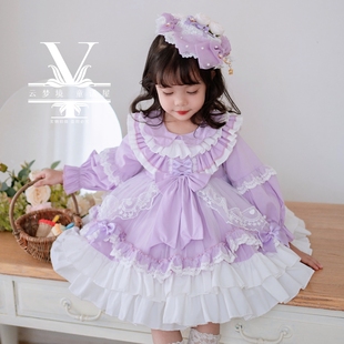 秋季紫色蕾丝宫廷洛丽塔连衣裙，蓬蓬女童公主，宝宝生日礼服洋气
