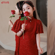 女童旗袍礼服儿童改良中国风花童小女孩红色民国风连衣裙大童夏季