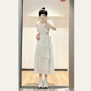 高级感白色连衣裙女夏季2023小个子法式泡泡袖收腰显瘦蛋糕裙