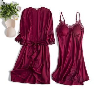 向娜睡衣女春秋薄款冰丝绸，吊带睡裙睡袍，两件套带胸垫新娘晨袍红色