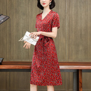 重磅真丝红色碎花连衣裙女2023夏新杭州桑蚕丝，系带小个子减龄长裙