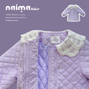 女童秋冬季棉衣外套长款紫色，绗棉大衣中长款蕾丝领女孩棉服3597
