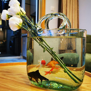 网红创意包包手提袋花瓶家用客厅桌面，个性ins小型玻璃透明金鱼缸(金鱼缸)