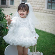 女宝结婚花童婚礼，小女孩礼服秋季女童白色，婚纱连衣裙周岁生日