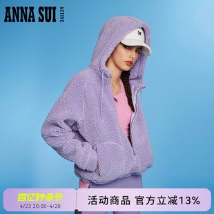 ANNA SUI 经典安娜系列 紫色仿羊羔毛外套连帽长袖拉链上衣女