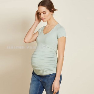 孕妇上衣夏装短袖t恤衫时尚v领性感孕妇哺乳打底衫修身显瘦欧美