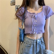 紫色针织短袖t恤女春季设计感小众木耳边短款露脐紧身辣妹上衣ins