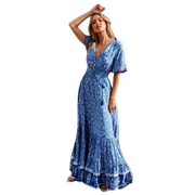 夏季女装波西米亚v领高腰宽松大裙摆短袖，连衣裙度假海边长裙