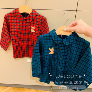 F家日本皇室同步男童女童宝宝儿童红绿格子衬衫拼接全棉衬衣