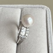 s925纯银镜面极亮正圆，近全无瑕天然白色珍珠戒指10.2mm方钻款