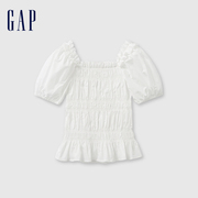 gap女装2024夏季纯棉褶皱，泡泡袖衬衫法式复古短袖上衣465679