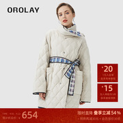 orolay欧绒莱23年冬季中长款格纹腰带立领，双面穿轻薄女羽绒服