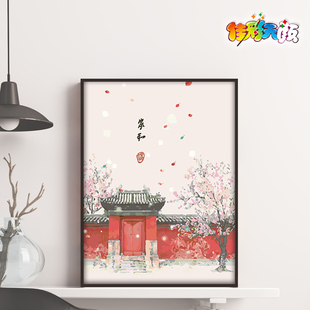 数字油画手工diy新中式客厅中国风，手绘油彩三联装饰画，田园复古风