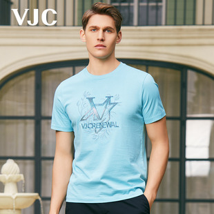 同款VJC/威杰思2024夏季男装蓝短袖T恤烫钻休闲上衣