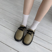 dulo秋季圆头系带，浅口黑色平跟简约女鞋单鞋，橡胶底小皮鞋
