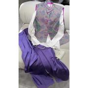 新中式国风年轻款唐装高级感时尚紫色印花马甲衬衫休闲裤套装女春