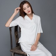 禅意素衣中国风女装套装新中式，茶艺师工作服佛系上衣白色汉居士服